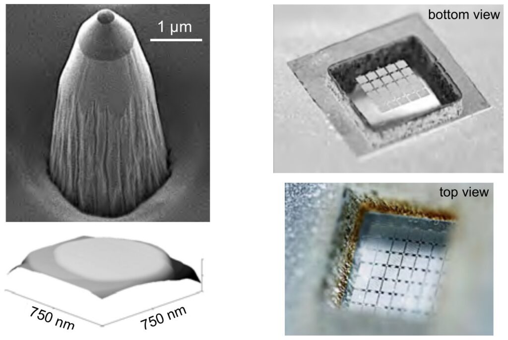 Diamond nanopillar device: SEM and AFM images of a pillar and optical images of the pillar array